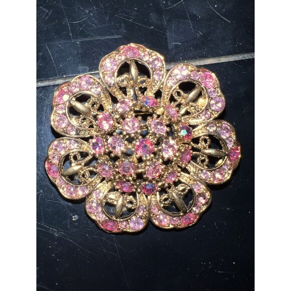 Flower Brooch Pin Rhinestone Round Layered Flowers Gold Vintage Pink - Picture 5 of 6